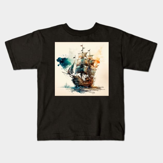 Pirate Ship watercolour Kids T-Shirt by Buff Geeks Art